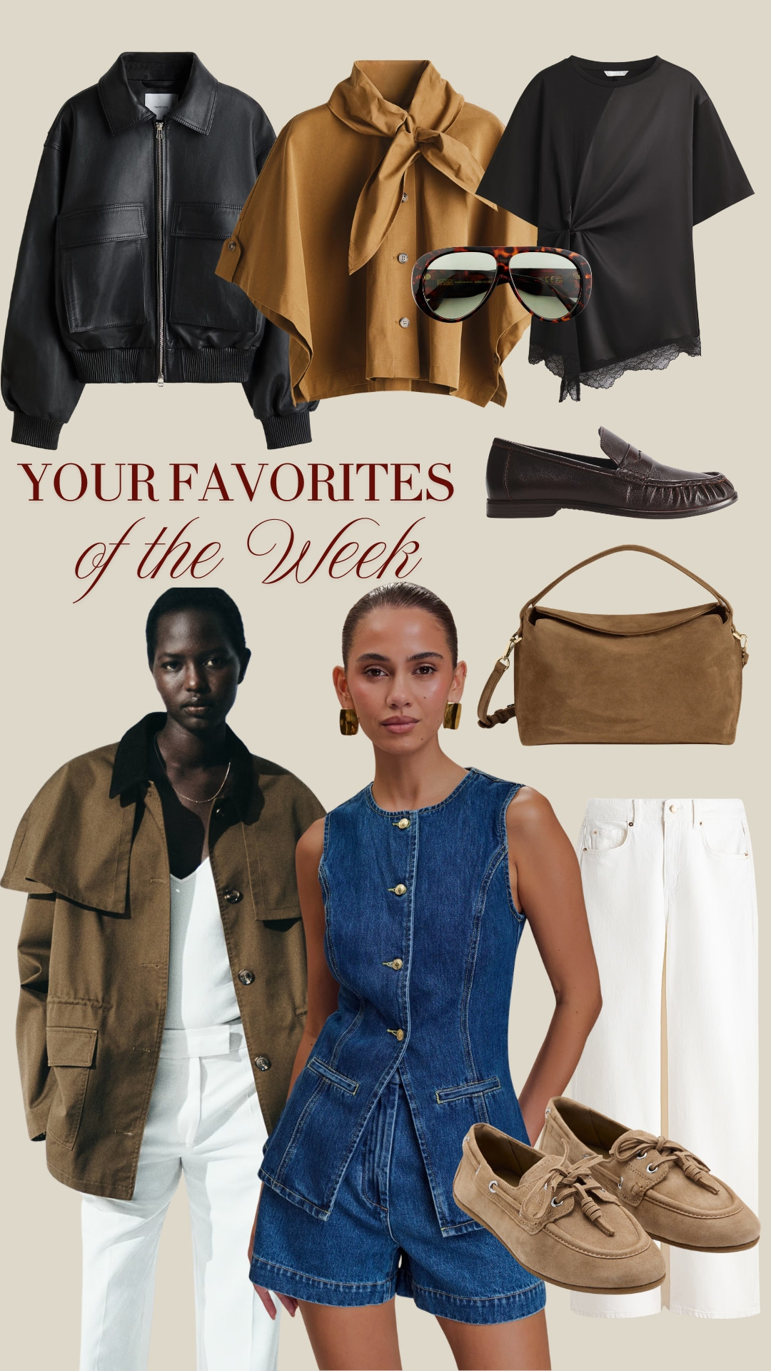 BESTSELLERS OF THE WEEK ✨ Your most loved pieces of the week ✨ TAGS: scarf cape, leather bomber jacket, khaki cape jacket, denim vest Meshki, white wide leg jeans, white cropped jeans, brown leather loafers, suede leather beige loafers, brown sunglasses, black lace top, suede bag Flattered 

 #LTKspring #LTKsale #LTKstyletip