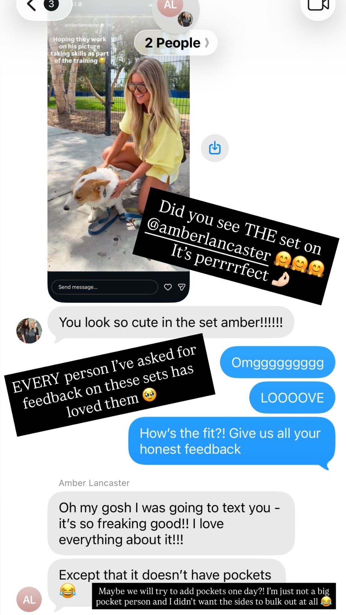 EVERY person I’ve asked for feedback on these sets has loved them 🥹 Did you see THE set on @amberlancaster 🤗🤗🤗
It’s perrrrfect 🤌🏻 Maybe we will try to add pockets one day?! I’m just not a big pocket person and I didn’t want the sides to bulk out at all 😂