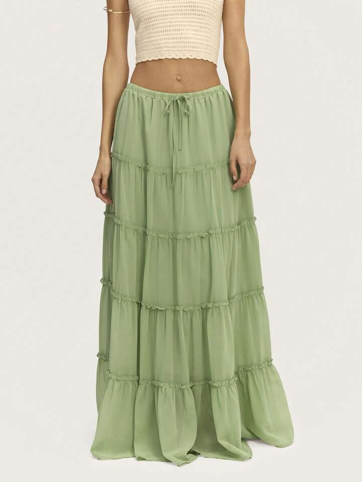 Nöista Women Solid Color Maxi Skirt Tie Ruffled Spring Summer | SHEIN