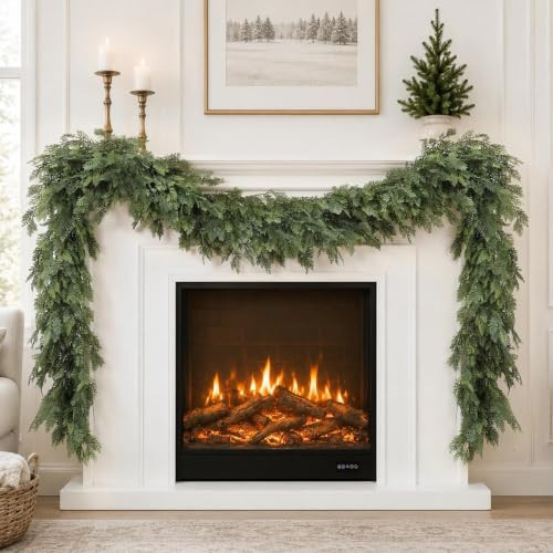 Christmas Garland 9FT Decorations Real Touch Cedar Cypress Pine Greenery Artificial Green Christmas Garland for Mantle, Fireplace, Table, Stairs, Door, Porch, Indoor Outdoor Decorations | Amazon (US)