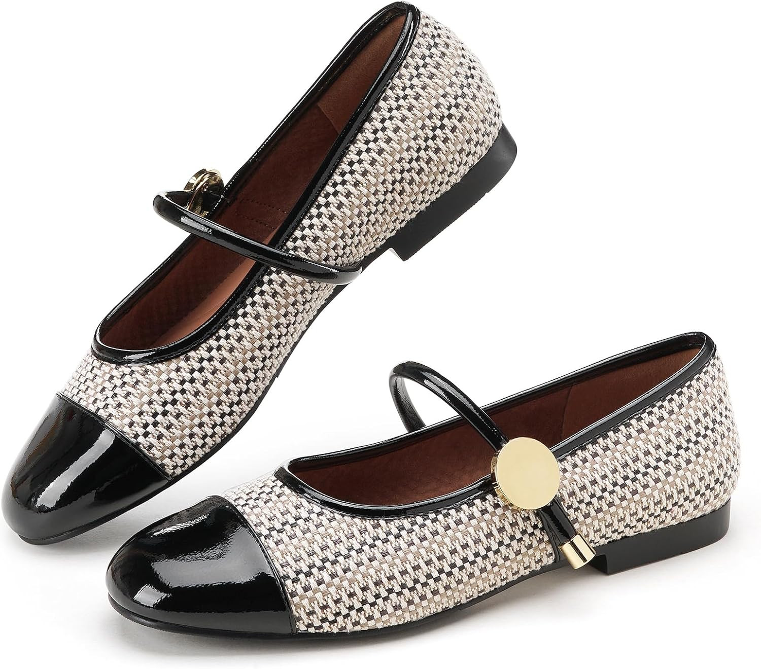 CouieCuies Women Mary Jane Flats Two Tone Cap Toe Tweed Flats Woven Ballet Flat with Strap Dressy Comfortable Slip on Maryjane Office | Amazon (US)