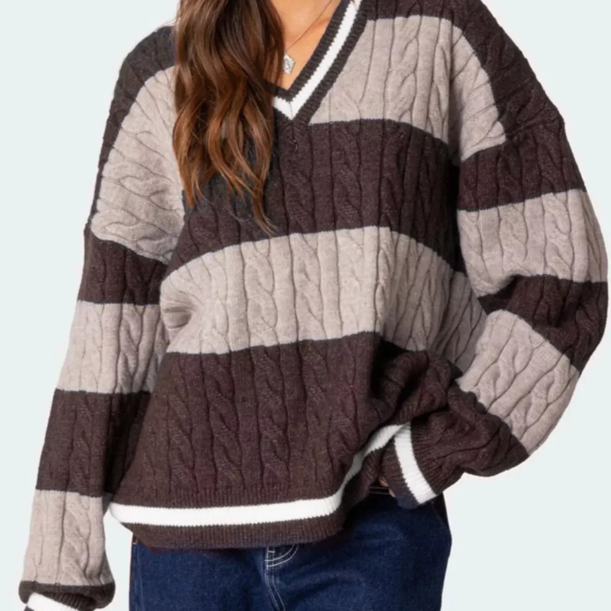 Striped Cable Knit V-Neck Sweater | Charming Charlie