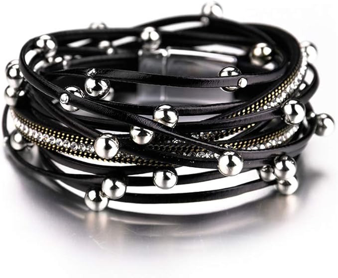 Fesciory Leather Wrap Bracelets for Women, Boho Leopard Multi-Layer Crystal Beads Cuff Bracelet J... | Amazon (US)