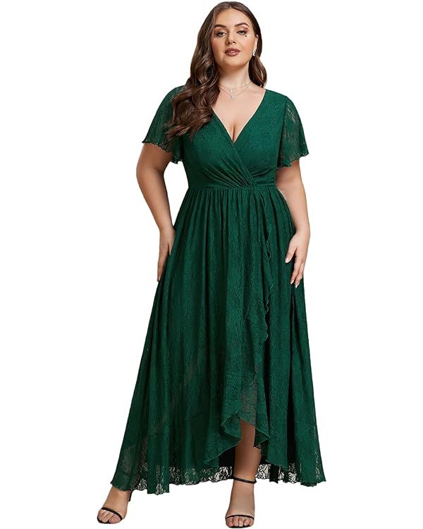 Ever-Pretty Plus Women's V Neck Ruffles Sleeves Pleated Lace Summer Plus Size Semi Formal Dress f... | Amazon (US)