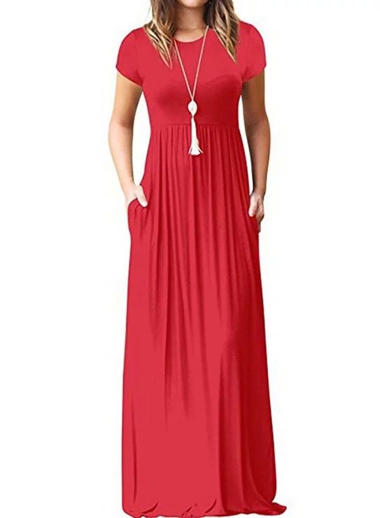 Casual Long Dress for Women Solid Color Short Sleeve Maxi Dress with Pocket | Walmart (US)