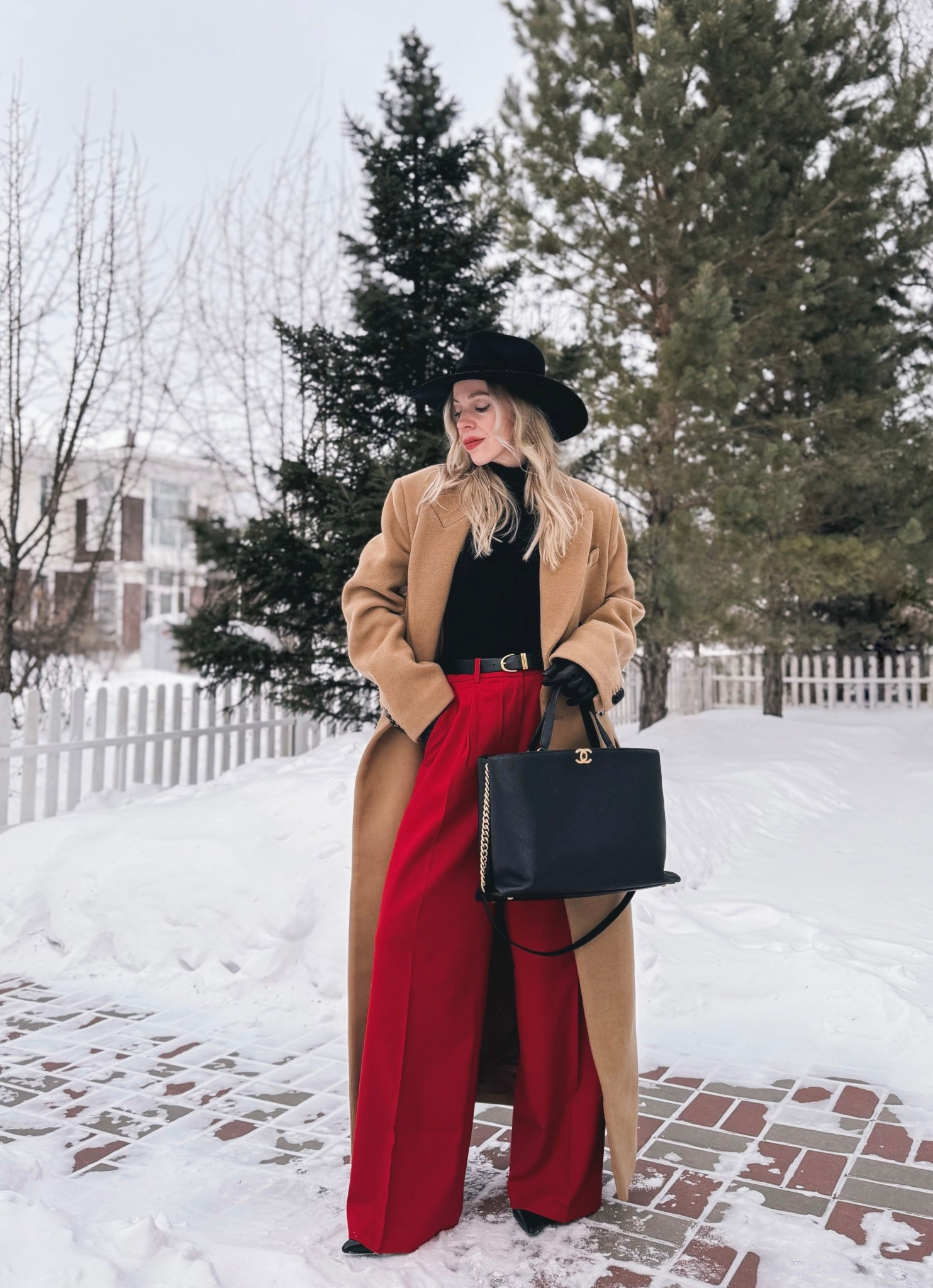 Oversized camel coat, red wide leg pants, black camel and red outfit, winter work wear, black wool hat 

#LTKFindsUnder100 #LTKWorkwear #LTKOver40