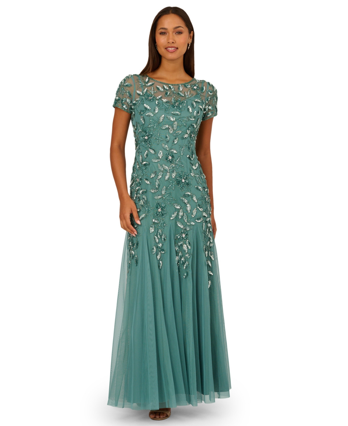 Adrianna Papell Size Floral-Beaded Gown - JADE | Macy's
