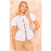 White Puff Sleeve Bow Tie Top | PrettyLittleThing US