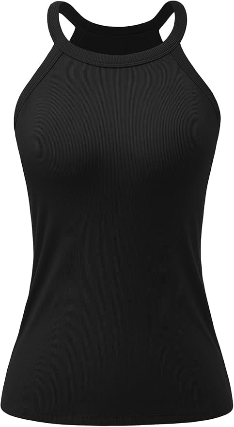 Vislivin Halter Neck Tank Top for Women with Built in Bra Summer Sleeveless Casual Basic Ribbed C... | Amazon (US)