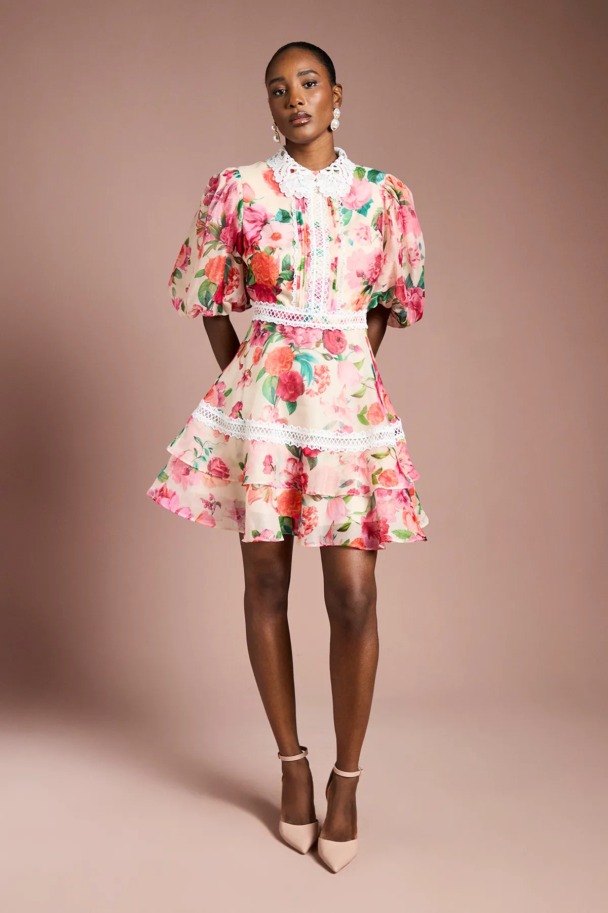 Ivory Coast Lace Trim Collared Printed Organza Mini Dress | Karen Millen | Karen Millen UK + IE + DE + NL