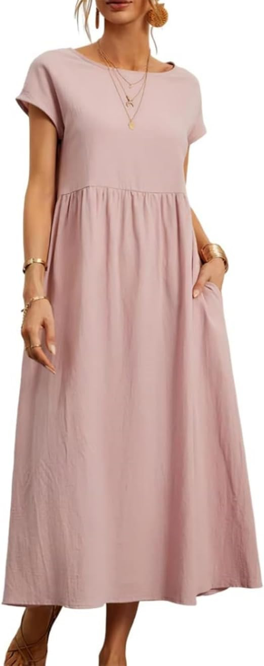 Cotton Midi Dress for Womens Crew Neck Short Sleeve Casual Dress Loose Tunic Summer Beach Dresses... | Amazon (US)