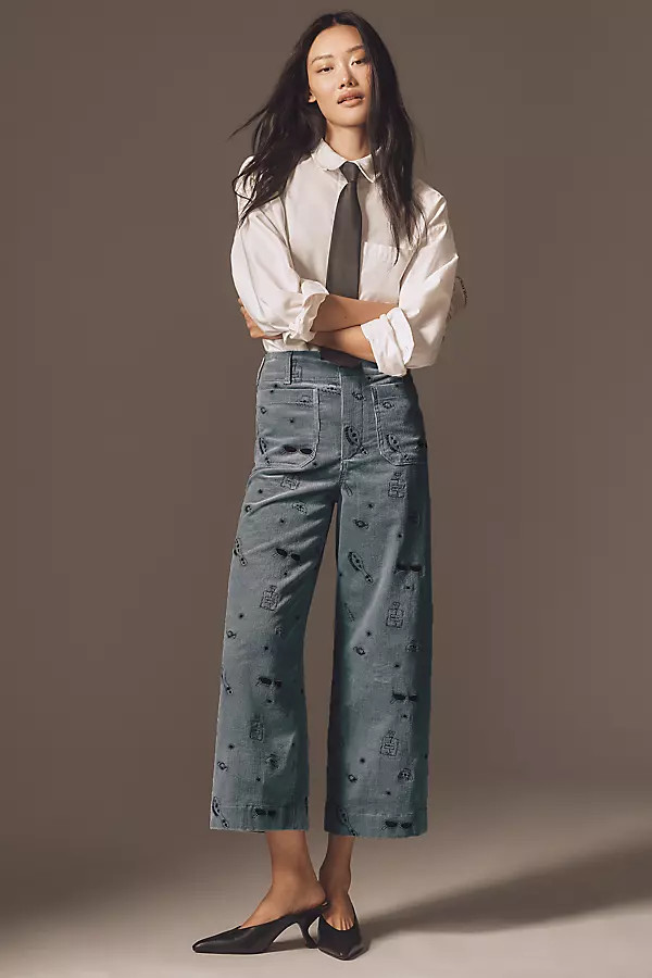 The Colette Crop Wide-Leg Embroidered Corduroy Pants by Maeve | Anthropologie (US)