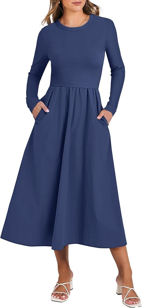 ANRABESS Women's Long Sleeve Midi Dress 2024 Fall Fashion Patchwork Ribbed Knit Tight Top Casual ... | Amazon (US)