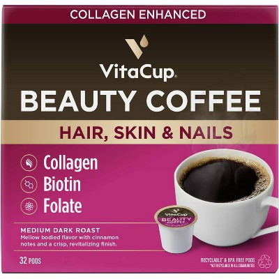VitaCup Beauty Collagen Coffee Pods w/ Biotin for Hair, Skin & Nails Medium Dark Roast - 32ct | Target