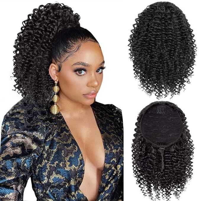 Short Kinky Curly Ponytail Extension for Black Women, 10 Inch Dark Brown Drawstring Curly Ponytai... | Amazon (US)