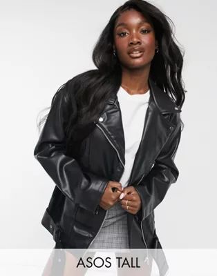 ASOS DESIGN Tall longline oversized faux leather moto jacket in black | ASOS | ASOS (Global)