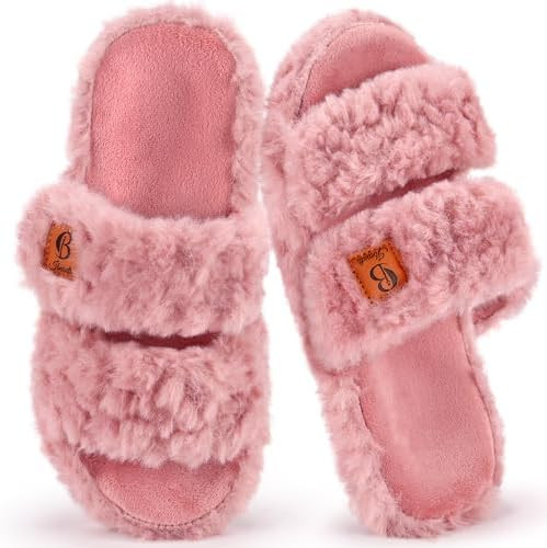 Ibeauti Womens Fuzzy Slippers Memory Foam Adjustable Open Toe Slide Comfy House Shoes for Indoor ... | Amazon (US)
