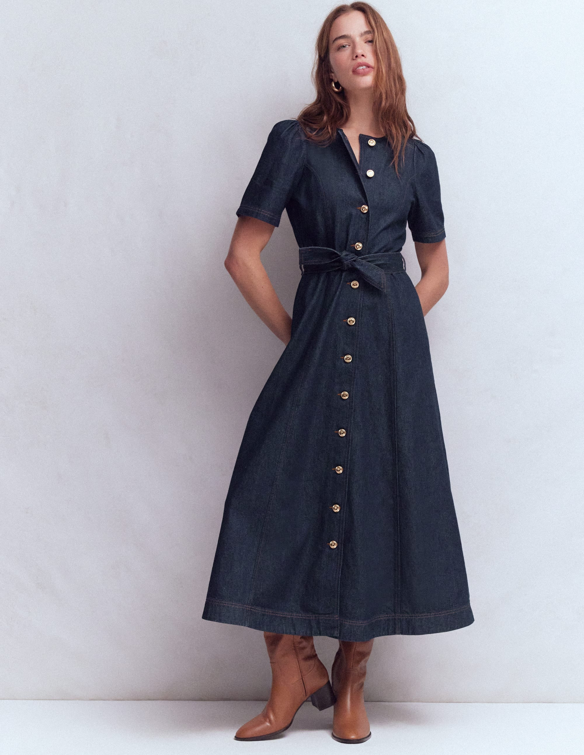 Button Detail Denim Dress-Indigo | Boden (US)
