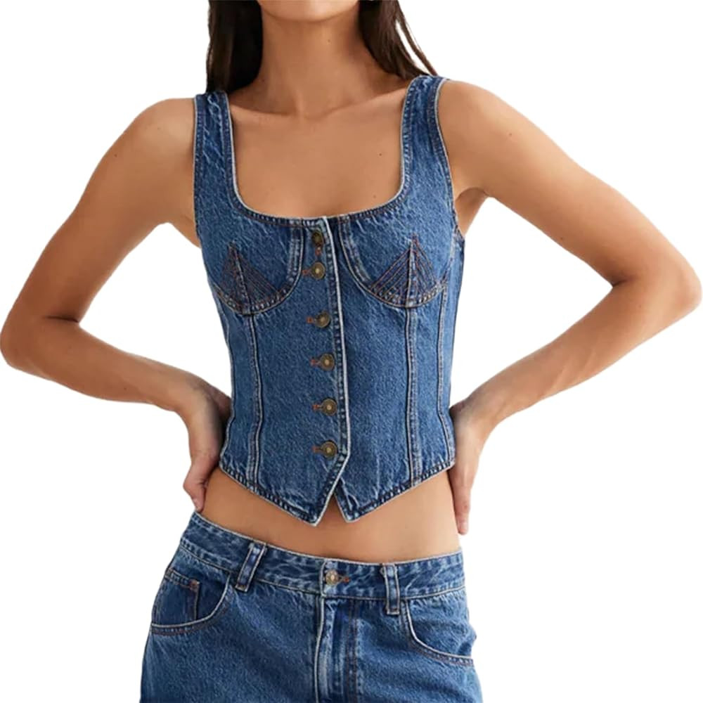 Women's Fairy Grunge Denim Vest Y2k Sleeveless Open Front Jean Blue Crop Top Tanks Vintage Cow Gi... | Amazon (US)