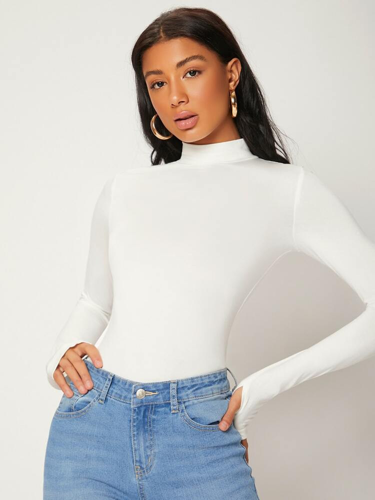 SHEIN BASICS Mock Neck Solid Slim Tee | SHEIN