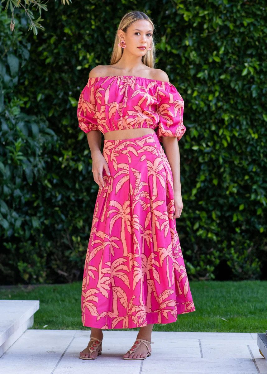 Lucia Pleated Pink and Orange Palm Printed Midi Skirt | Benaar La
