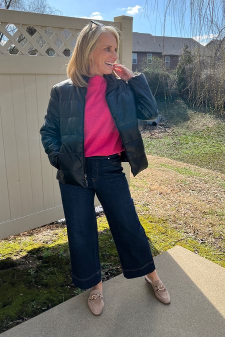 Saturday style. Chico’s pull in jeans that are crazy comfy (wearing 0) and faux leather puffer over 50% off (also 0) 
Use LISA10 on sweater at Gibsonlook 

#LTKfindsunder50 #LTKover40 #LTKsalealert