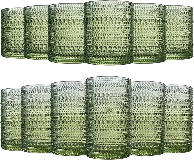 Green Vintage Hobnail Colored Beaded Drinking Glasses | 12 Set | 6x Tumbler 11oz + 6x Highball 12... | Amazon (US)