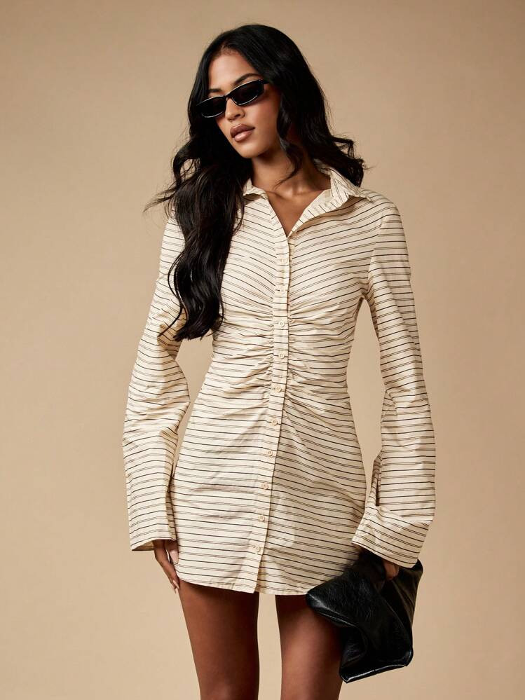Missguided Striped Button Front Mini Dress Ruched Waist Bell Sleeve | SHEIN