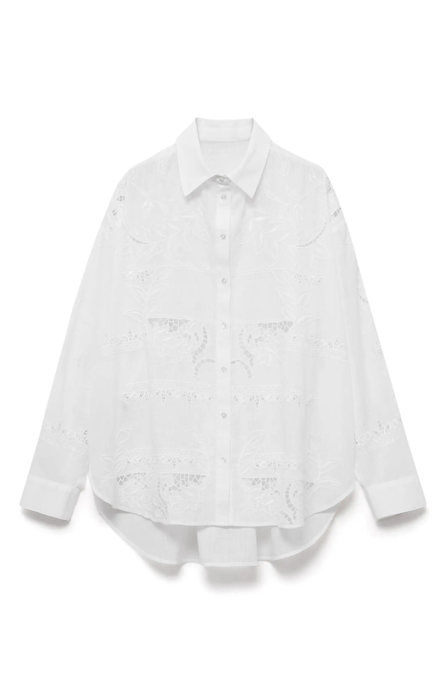 MANGO Para Guipure Lace Cotton Button-Up Shirt | Nordstrom | Nordstrom