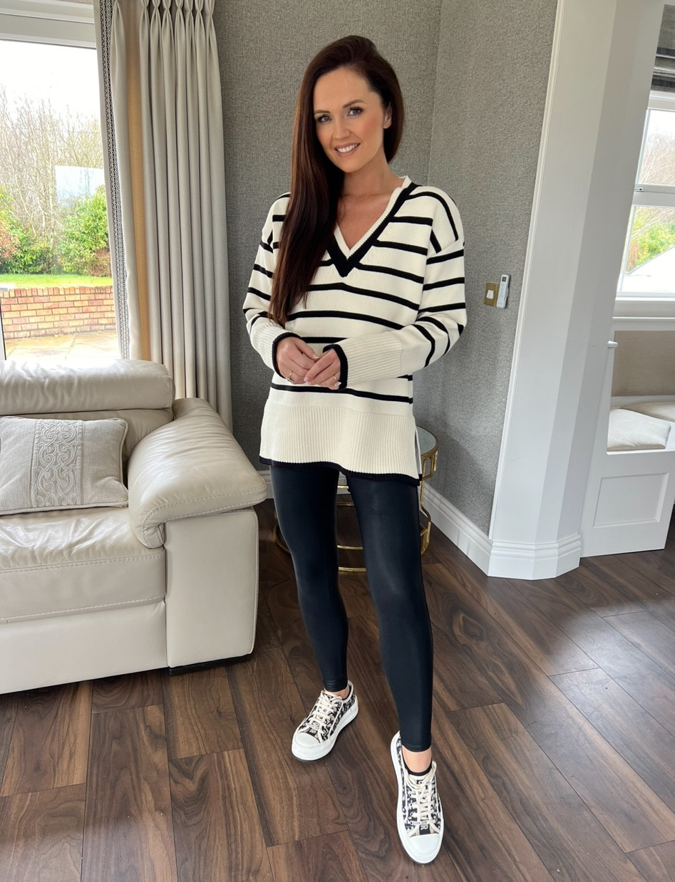 Casual clothes, cream knit, knitwear, stripe top, stripes, black and cream, Spanx leggings, Dior runners. 
Use the code JENNIFER20 for an additional 20% off Karen Millen !


#LTKworkwear #LTKshoecrush #LTKstyletip