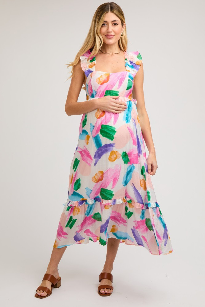White Watercolor Print Ruffle Accent Maternity Midi Dress | PinkBlush Maternity