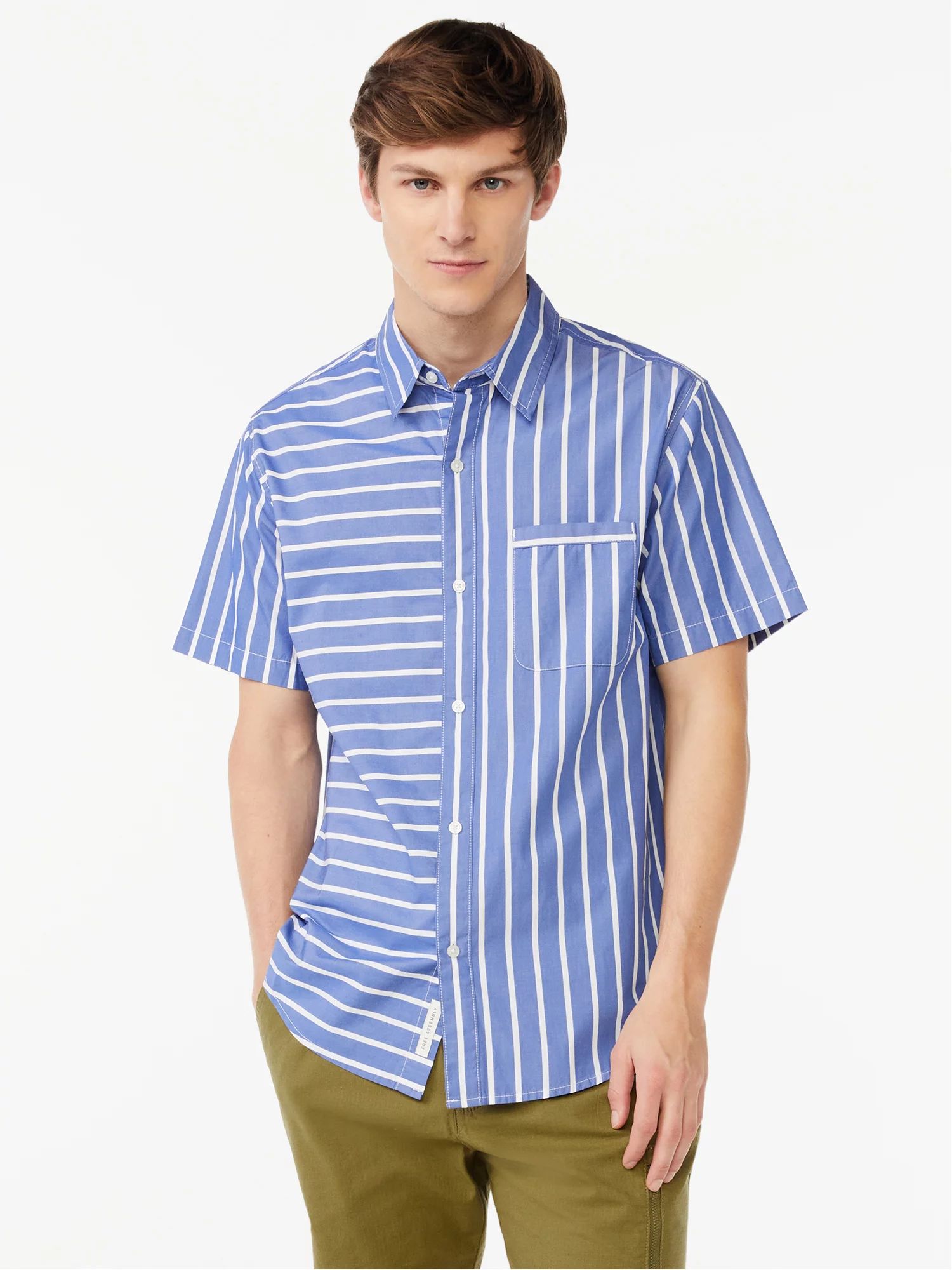 Free Assembly Men's Stripe Point Collar Shirt with Short Sleeves - Walmart.com | Walmart (US)