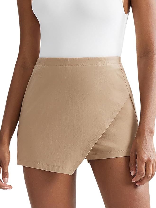 EXLURA Women's High Elastic Waist Bodycon Asymmetrical Skorts Short Mini Skirt with Shorts | Amazon (US)