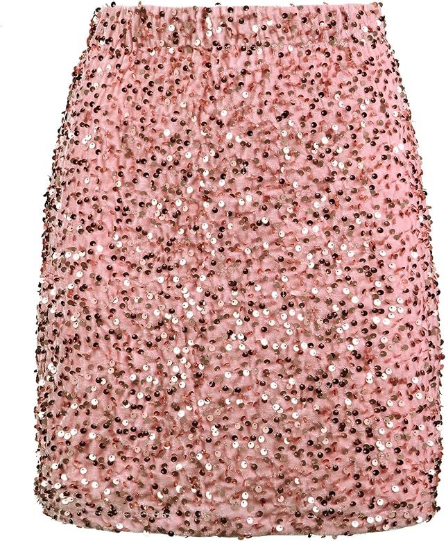 REEMONDE Women's Sequin Skirt Sparkle Stretchy Bodycon Mini Skirts Night Out Party | Amazon (US)