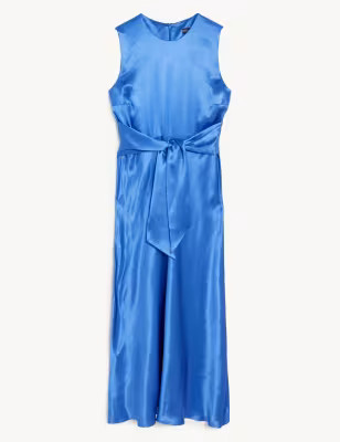 Satin Round Neck Tie Front Midi Tea Dress | M&S Collection | M&S | Marks & Spencer (UK)