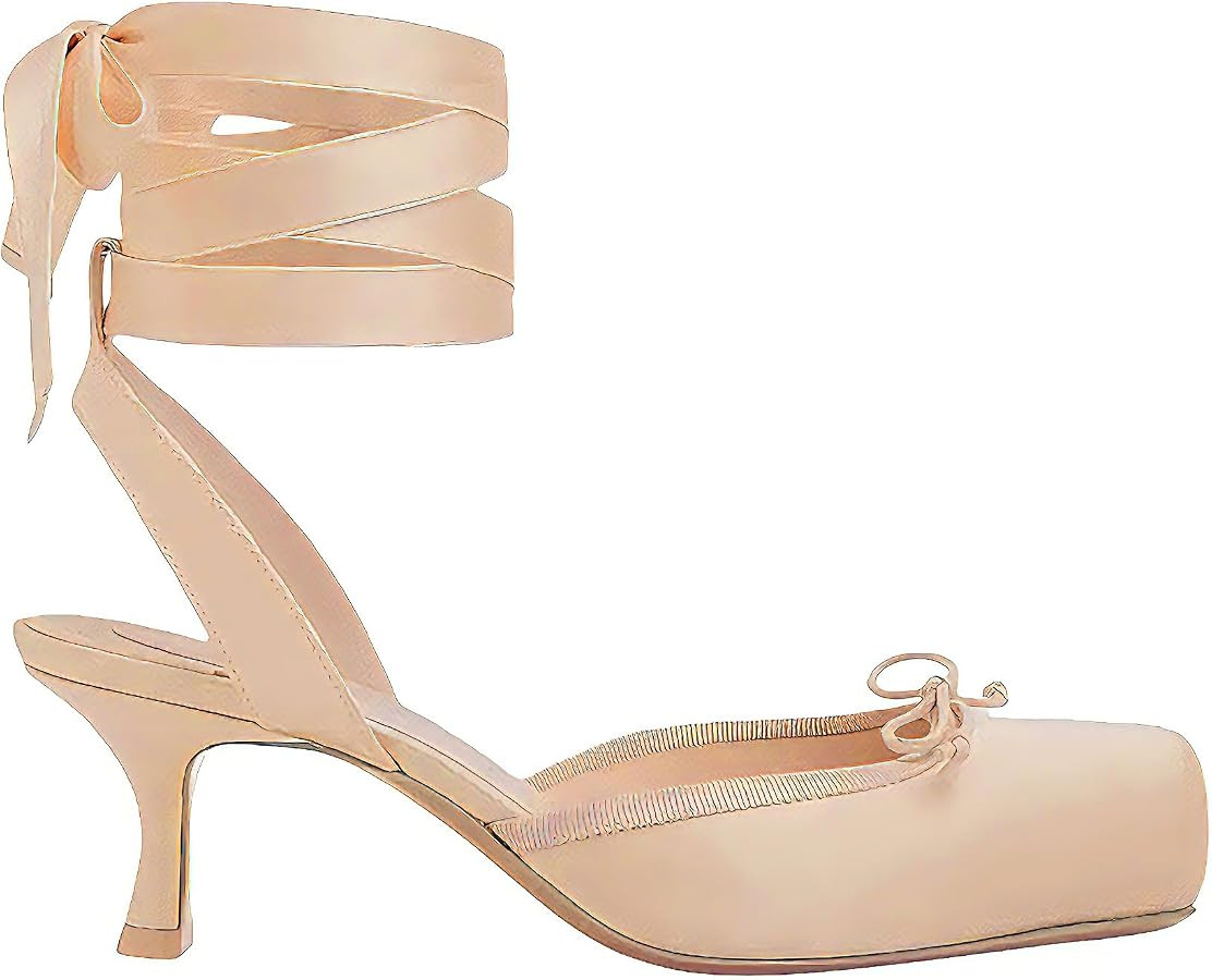 Lace Up Ballet Pumps for Women Kitten Heels Square Closed Toe Pumps Bow Ballerina Slingback Satin... | Amazon (US)