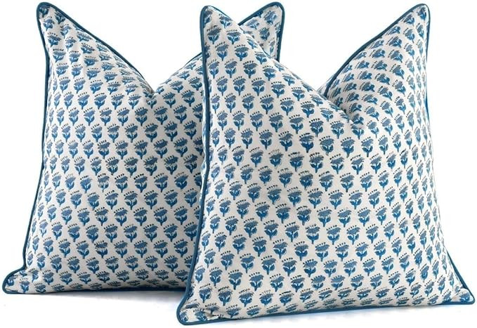 CPC 100% Cotton Throw Pillow Covers 20x20 Inch, Set of 2 Blue Block Print Pattern Couch Pillow, C... | Amazon (US)