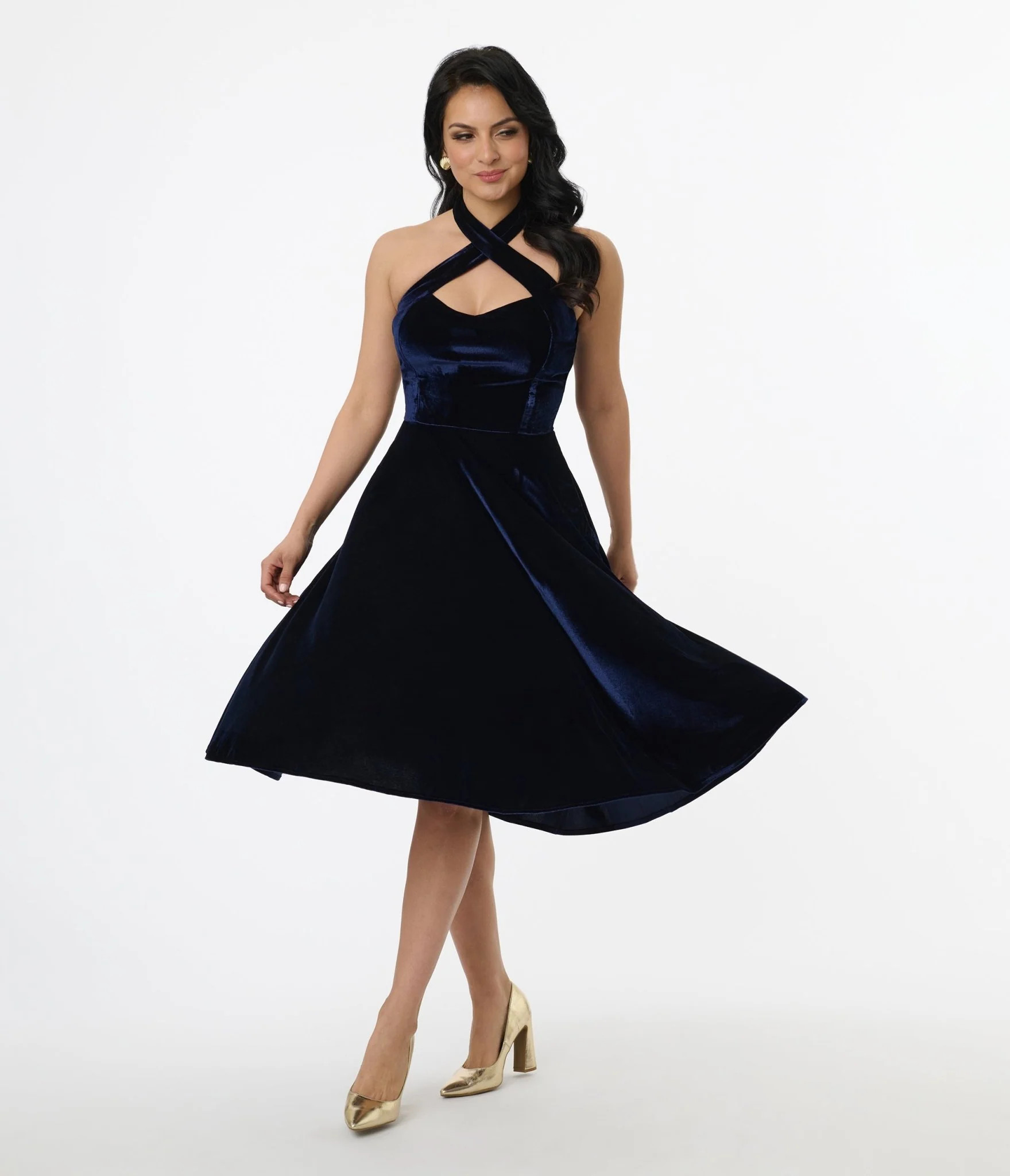 Unique Vintage 1950s Navy Velvet Criss Cross Halter Rita Flare Dress | Unique Vintage - North America