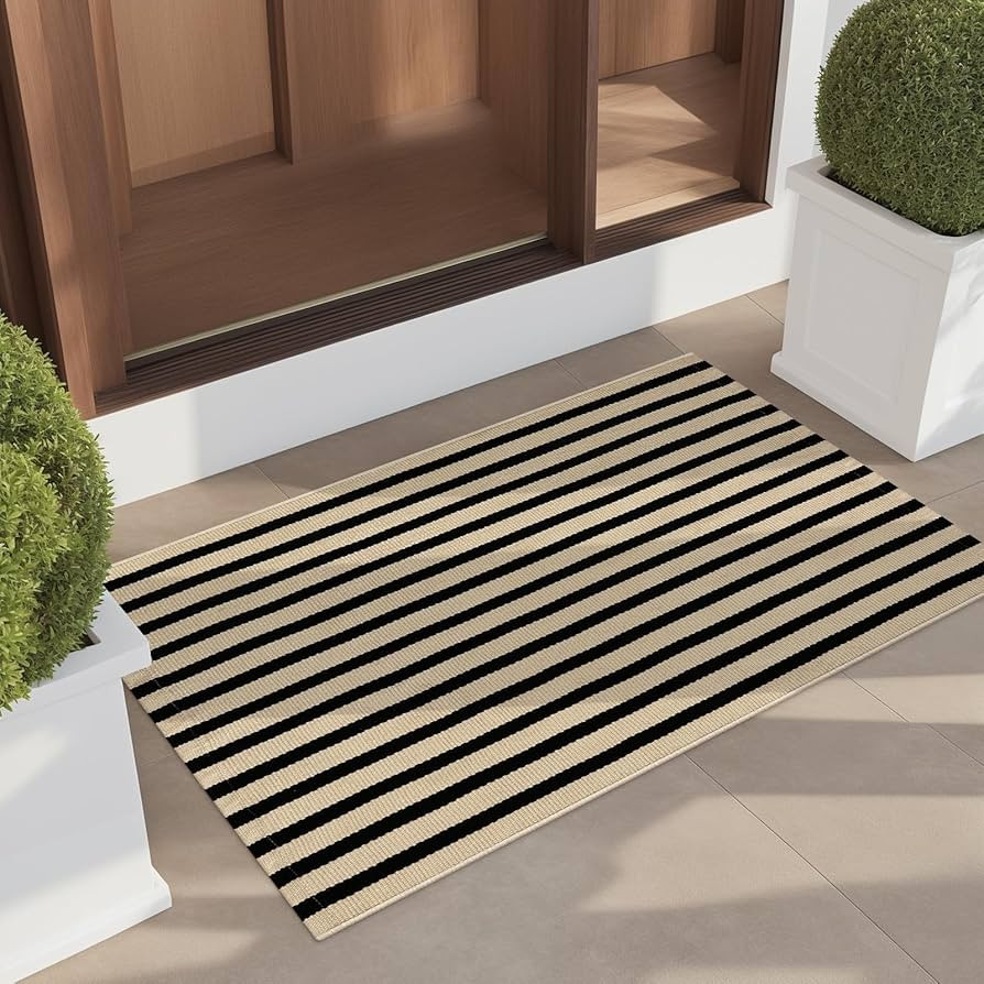 LEEVAN Outdoor Door Mat - 2'x3' Washable Welcome Mat, Woven Black and White Striped Entryway Rug ... | Amazon (US)