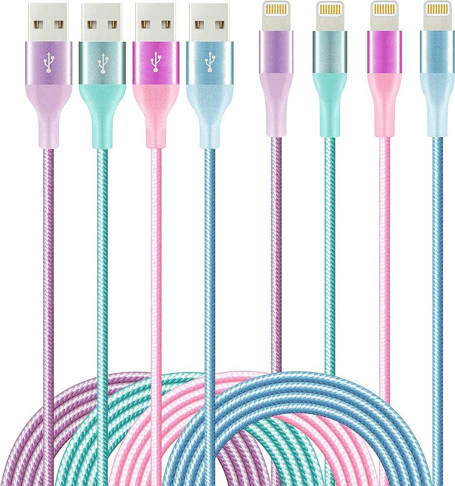 iPhone Charger 6ft 4Pack Lightning Cable Apple MFi Certified Colorful Kawaii Nylon Braided USB Fa... | Amazon (US)