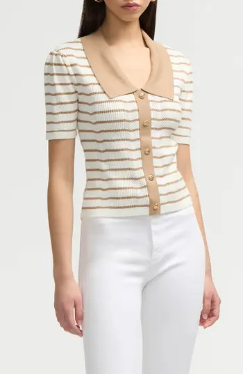 NVLT Stripe Short Sleeve Cotton Blend Sweater in Camel/Marshmallow Stripe at Nordstrom Rack, Size X-Small | Nordstrom Rack