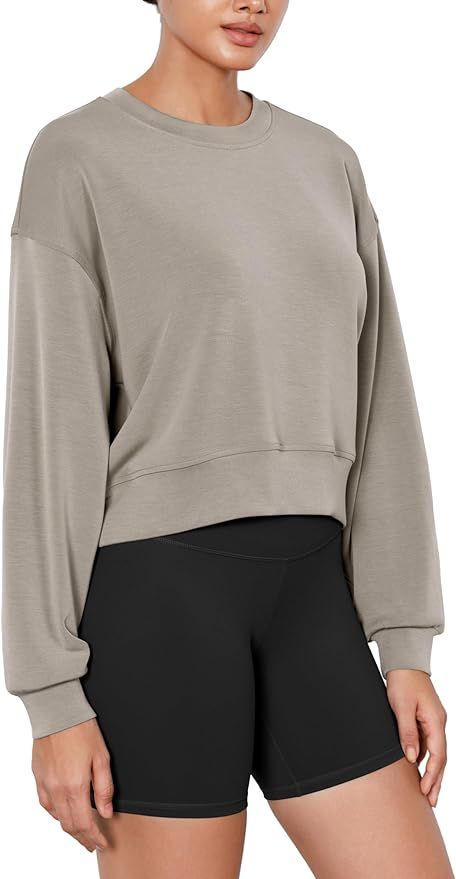 ODODOS Modal Soft Long Sleeve Cropped Sweatshirts for Women Oversized Crew Neck Pullover Crop Top | Amazon (US)