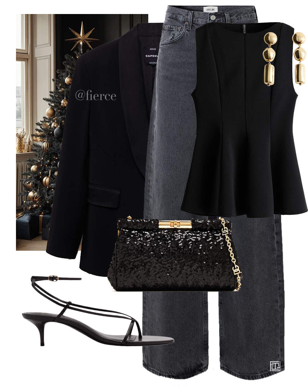 Christmas party black top grey jeans black heeled strappy sandals sequinned clutch bag black blazer  

 #LTKuk #LTKwinter #LTKfestive