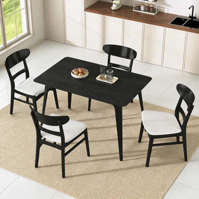 Mid-Century Modern 5-Piece Dining Set, Rubberwood Frame, One Table and 4 Upholstered Chairs, Black +Light Beige | Wayfair North America