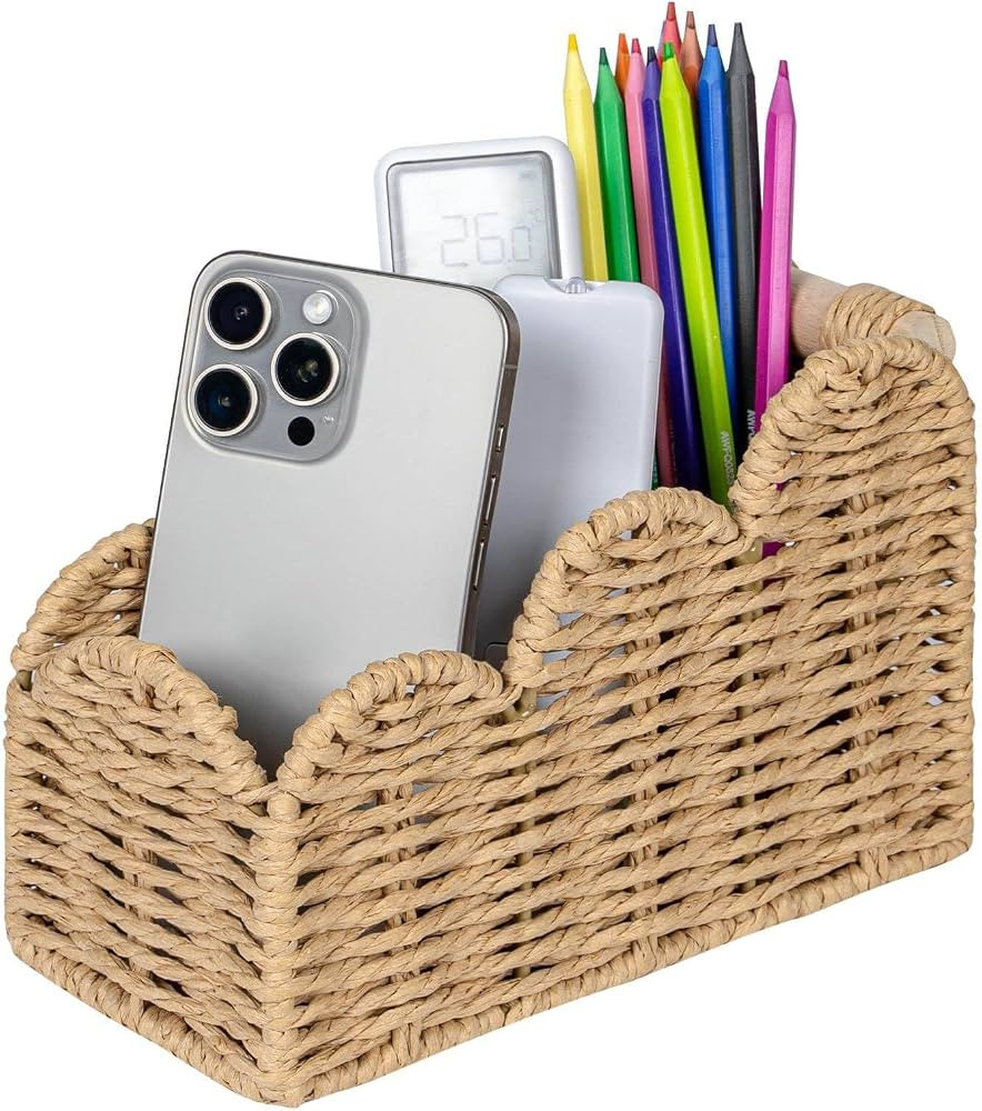 CubesLand Bedside Table Desk Organizer Caddy, Remote Pen&Pencil Holder Cup, Makeup Brush Holder w/Scalloped Perfect for Home, Office Desk, Living Room Table Decor, 3 Slots Beige | Amazon (US)