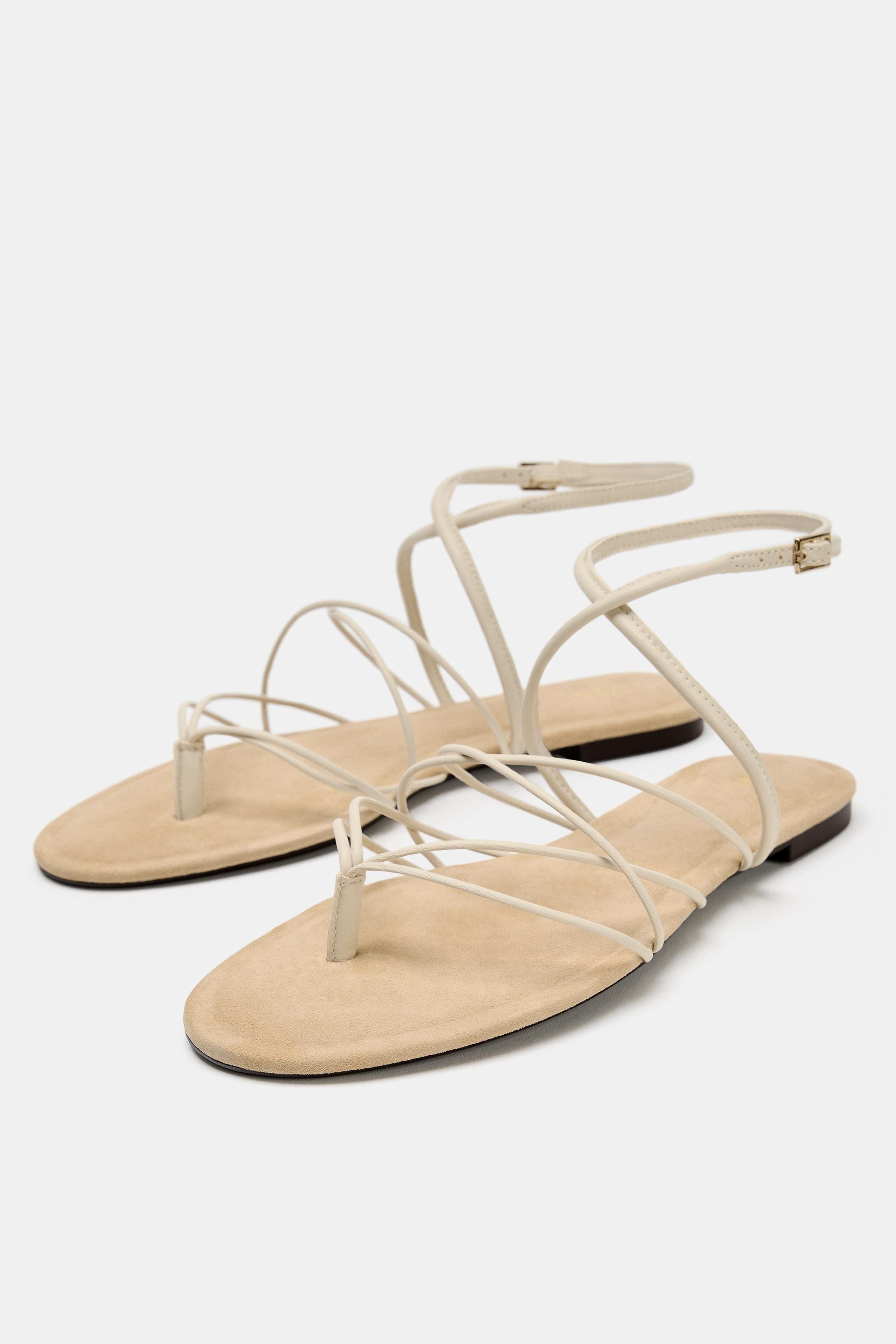 STRAPPY LEATHER FLAT SANDALS | Zara US