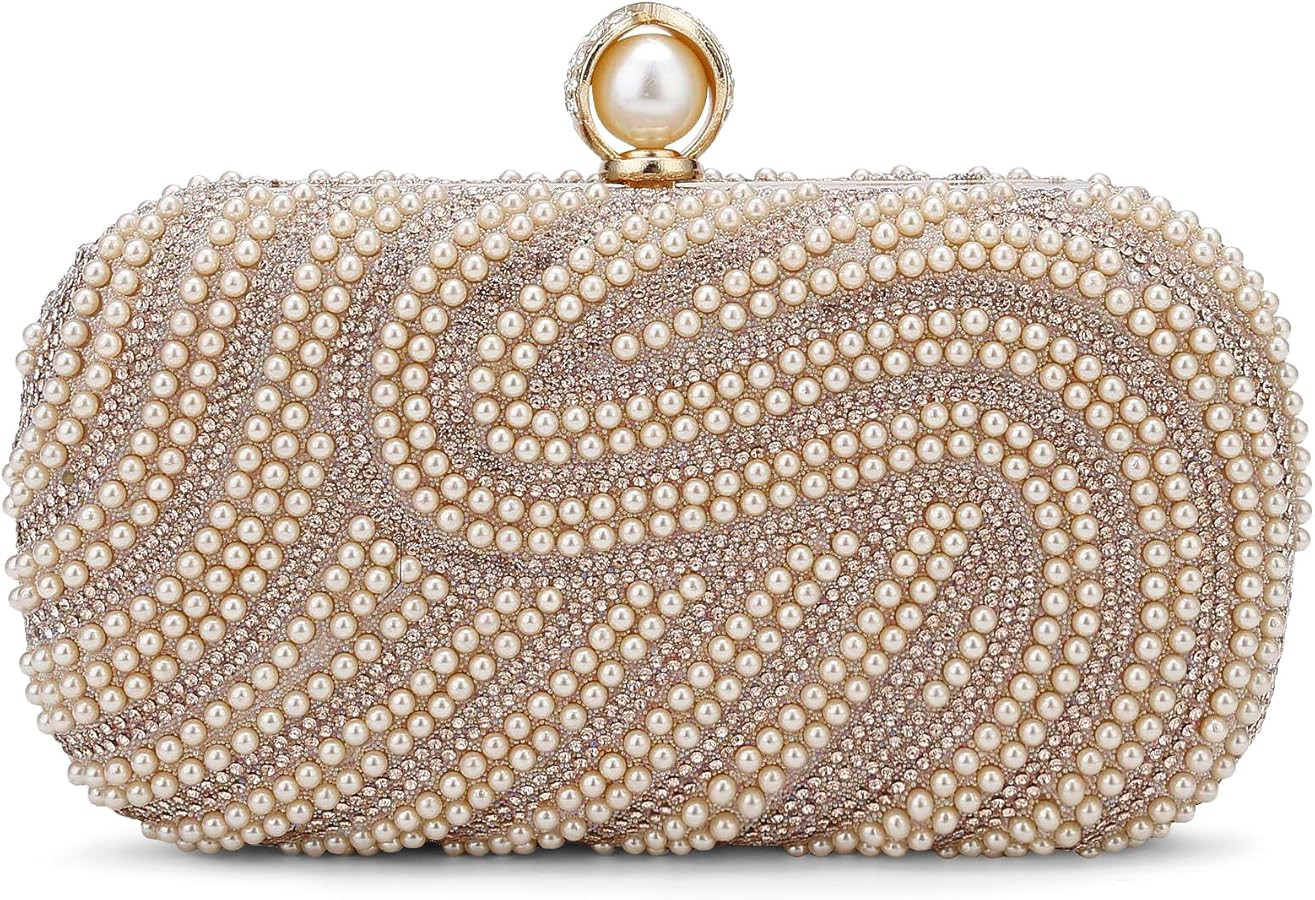 YYW Womens Pearl Clutch Purse Evening Handbags Beaded Bag for Wedding Bride Party with Chain | Amazon (US)