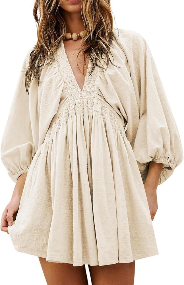 Acelitt Womens Spring Long Sleeve V Neck Casual Loose Flowy Ruffle A Line Babydoll Mini Dress Bea... | Amazon (US)