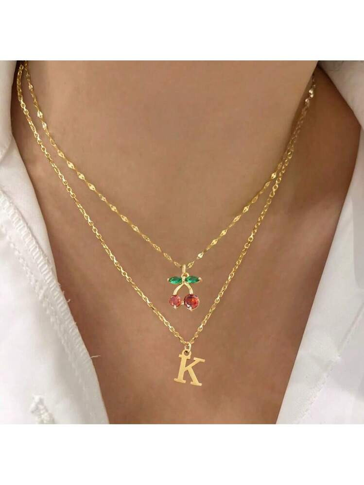 2Pcs/Set Simple Initial Cherry Pendents Gold Color Lip Chain Choker Stainless Steel Chain Layered Necklaces For Women | SHEIN