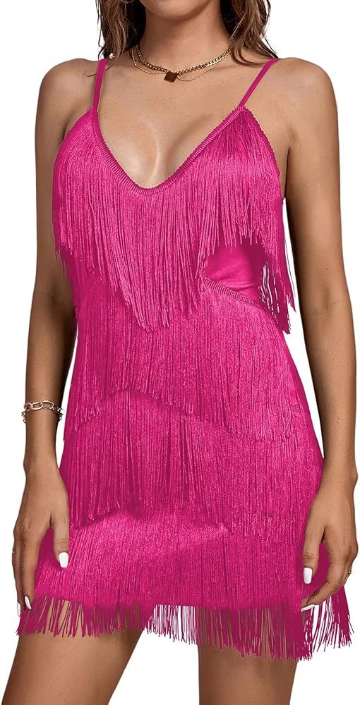 Umenlele Women's Layered Fringe Deep V Neck Cami Mini Dress Sleeveless Tassels Flapper Dresses | Amazon (US)